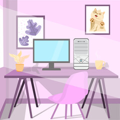 minimalist work space, monitor, cpu, table and chairs on a purple background full of light