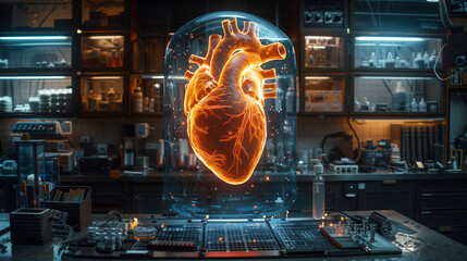 A cutting-edge lab features digital displays showcasing heart models and various scientific instruments for research and innovation.