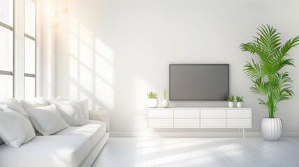 Minimalist white living room with white furniture, potted plants, and natural light. Clean and bright interior design with a serene and modern vibe.