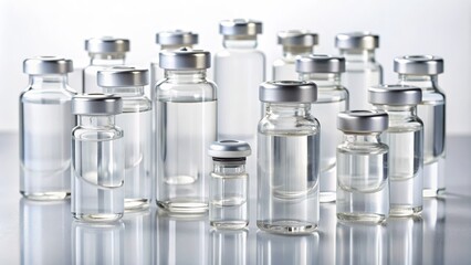 Multiple Glass Vials Filled with Clear Liquid on a Reflective Surface, Medicine, Pharmacy, Healthcare, Laboratory
