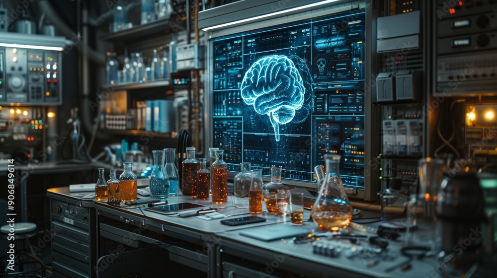 Poster a state-of-the-art research lab equipped with advanced technology displays a brain visualization whi