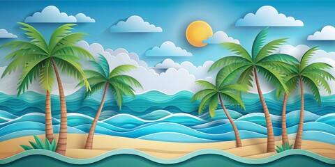Obraz premium Paper Cut Tropical Beach with Palm Trees and Waves, paper art, beach scene, summer vacation, tropical paradise , paper cut, summer