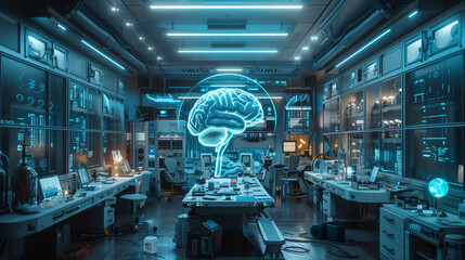 A modern research lab showcases futuristic brain visualization technology, with scientists working collaboratively on groundbreaking projects.