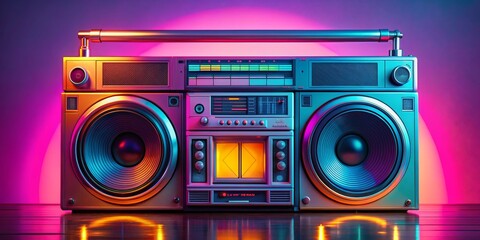 Retro Boombox with Neon Lights, 3D Render, Audio, 80s, Vintage, Music, Technology