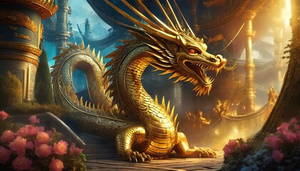 Obraz premium chinese dragon statue on the wall