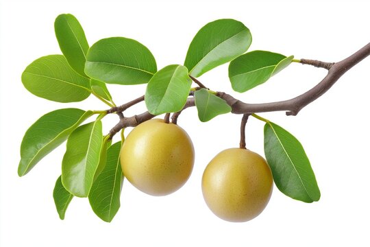 Branch with two fresh yellow marula and green leaves, isolated on white background, ripe and natural

