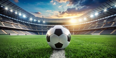 Soccer Ball on a Green Field at Sunset, stadium , football , soccer , sports