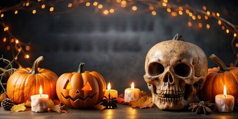 Spooky Halloween Skull and Pumpkins Still Life, Halloween , skull , pumpkin , candles