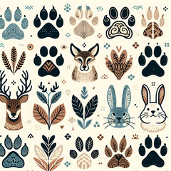 Fototapeta premium Cute Animal Paws and Floral Pattern for Kids Design