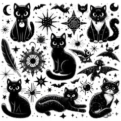 Cute Black Cats with Magical Elements - Illustration