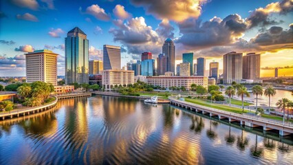 Naklejka premium Tampa Skyline Sunset Reflections over Riverwalk, Tampa , Florida , city , skyline