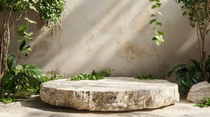 Stone podium for cosmetic beauty presentation surrounded by greenery in natural light