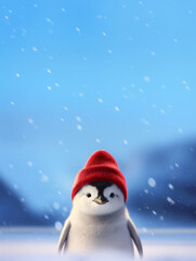 Cute Little Penguin wearing a red knitted hat. Blurred arctic background with bokeh and snowfall. New Year, design for print, poster, greeting card. Copy space, banner. Christmas vacation.