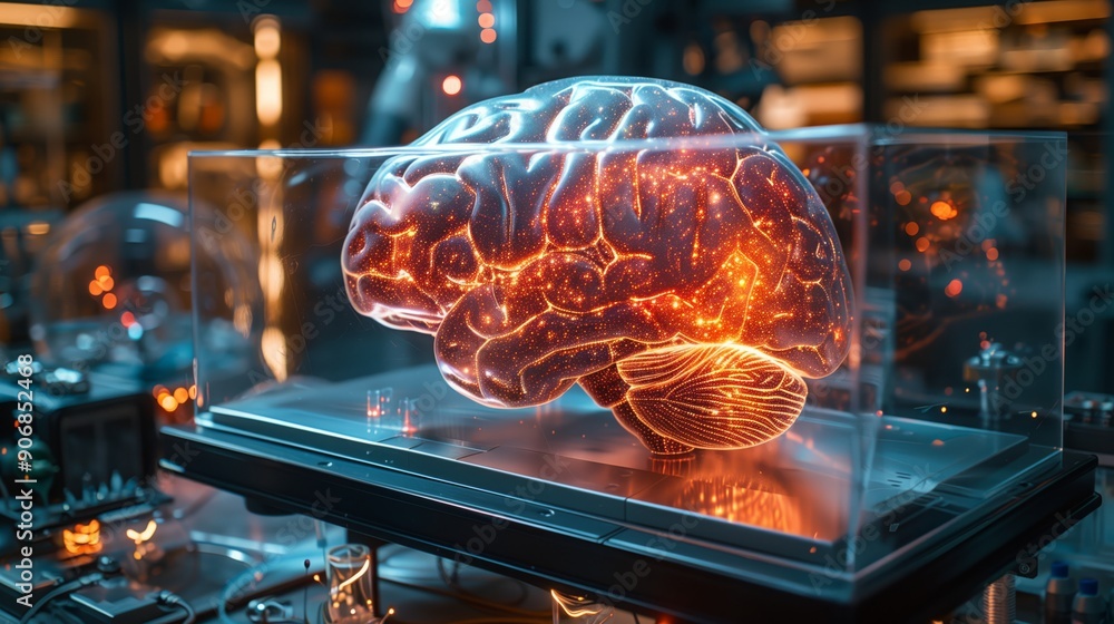 Poster the holographic brain display illuminates the lab, showcasing intricate neural connections and highl