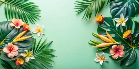 Tropical Floral Frame Lush Green Leaves and Vibrant Flowers on Mint Background, tropical , floral , summer , vacation