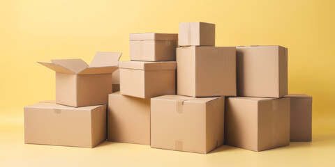 Obraz premium stacks of cardboard boxes on a yellow background