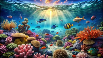 Naklejka premium Underwater Paradise Vibrant Coral Reef with Colorful Fish, Digital Painting, Sunbeams, Marine Life, Coral, Reef, Fish