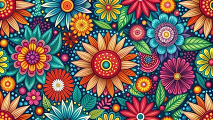 Vibrant Floral Pattern with Colorful Flowers and Leaves on Dark Blue Background, seamless , pattern , vector , flower , illustration