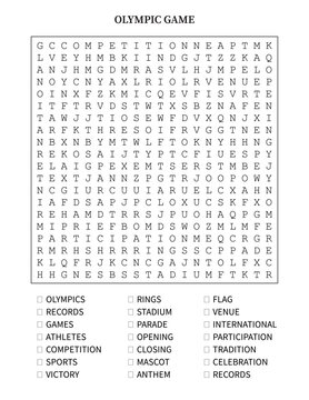 Word find game is a puzzle with a word search. Fun puzzle game. Olympic games theme. Ready to print 8.5 by 11 inches. Printable vector illustration
