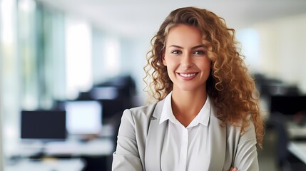Obraz premium A confident businesswoman in a modern office, ideal for corporate promotional and marketing materials.