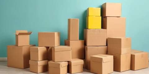 Fototapeta premium stacks of multicolored cardboard boxes on a colored background