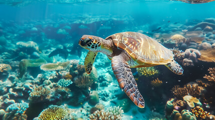Obraz premium Sea turtle swims under the sea among the bright coral reefs.