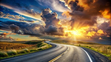 Winding Road Through Dramatic Sunset Sky, Digital Painting, Dramatic Clouds, Golden Hour, Asphalt Road, Landscape, Nature