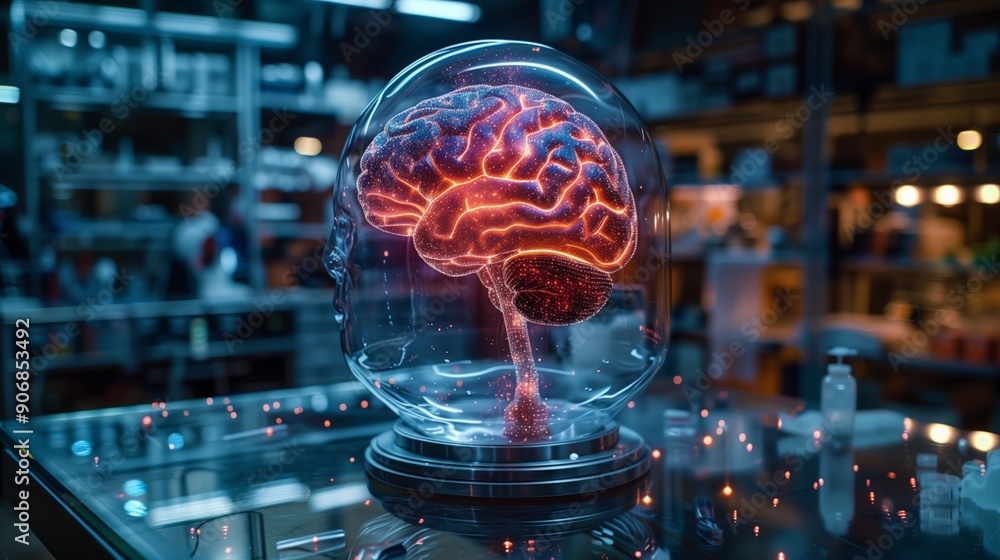 Aufkleber a holographic representation of a brain illuminates a lab workspace filled with advanced technology.