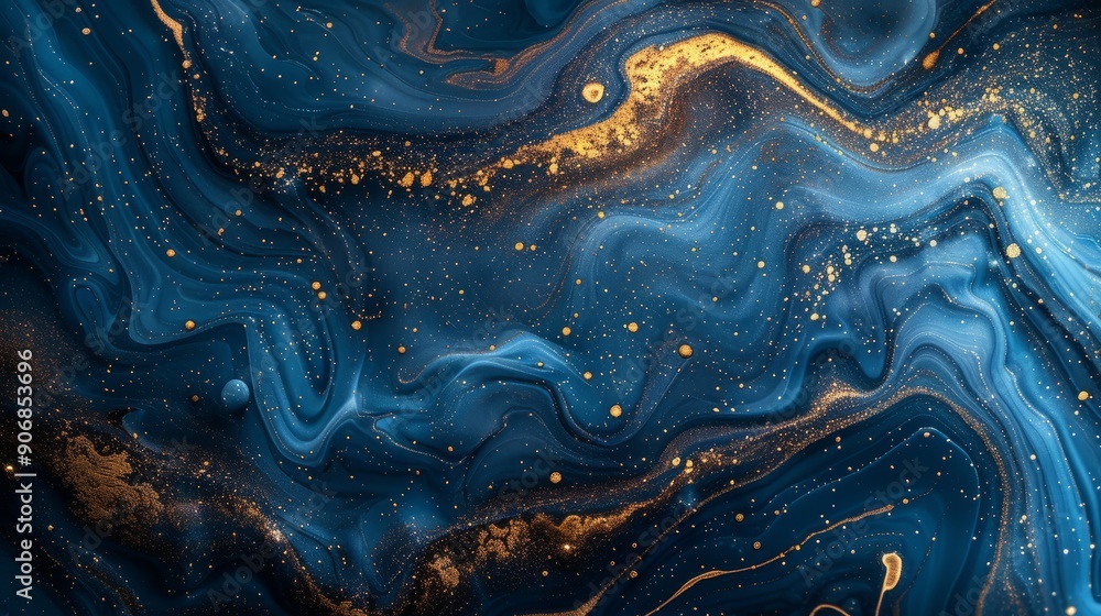 Poster abstract textured blue and gold background with fluid patterns and sparkling details
