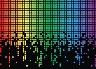A background texture of rainbow color digital pixels dripping on a black background