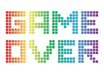 Bitmap Game Over text written on a pixelated blue and black background