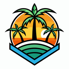 A logo that has two palm trees on a beach art vector illustration