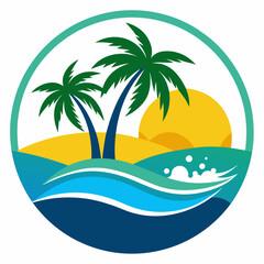 A logo that has two palm trees on a beach art vector illustration