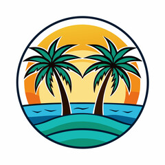A logo that has two palm trees on a beach art vector illustration
