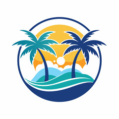 A logo that has two palm trees on a beach art vector illustration