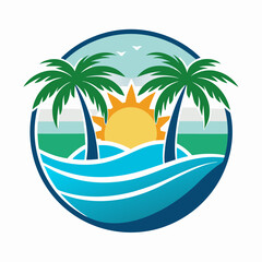 A logo that has two palm trees on a beach art vector illustration