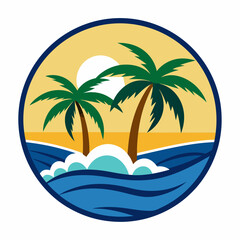 A logo that has two palm trees on a beach art vector illustration
