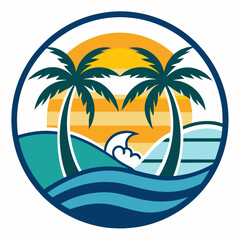 A logo that has two palm trees on a beach art vector illustration