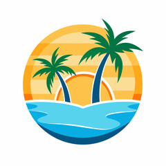 A logo that has two palm trees on a beach art vector illustration