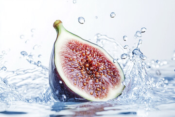 A sliced fig falling into water