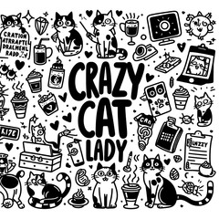 Crazy Cat Lady Doodle Illustration