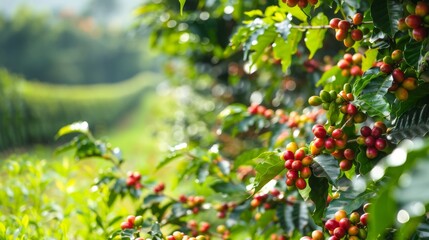 Obraz premium Coffee trees on plantation. The best selected coffee beans are still fresh and ready to be harvested. 