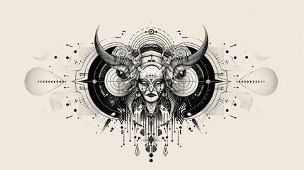 tattoo art line, illustrated in illustrator, perfect generation without design errors, pure white and clean background, A geometric and realistic style tattoo, featuring a combination of mythological.