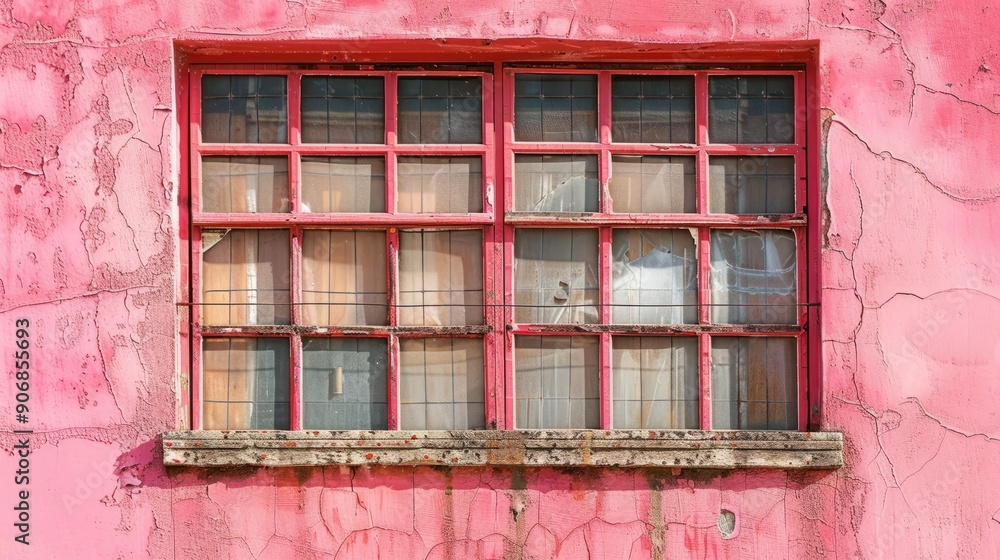 Poster textured pink window grid with weathered frame in urban setting