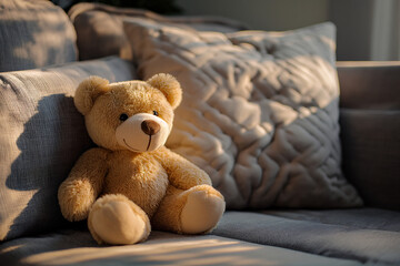 Teddy bear on the couch. A children's toy sits among cushions and blankets. Carefree Childhood, imaginary friends, home comfort. Children's homes, adoption and foster care. Preparing for pregnancy.