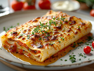 a plate of lasagna with a golden brown crust, topped with fresh basil and grated cheese, served on a wooden table.