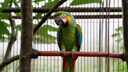 Obraz premium Beautiful Green parrot reading a book in a cage
