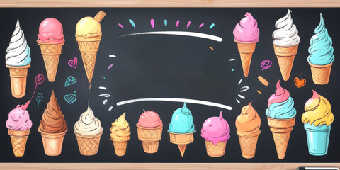 set ice cream advertising menu on a chalkboard with copy space