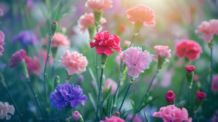 Fototapeta premium Colorful carnations in a summer garden background.