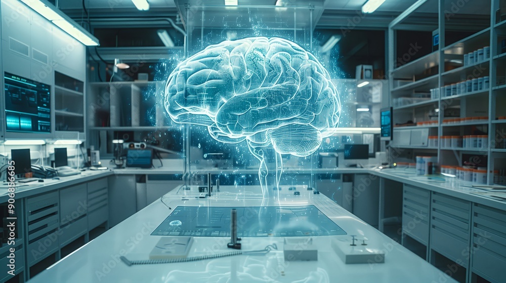 Poster a high-tech laboratory features a holographic representation of brain activity, showcasing advanced 